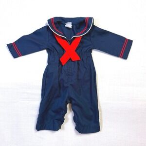 Vintage 1980s Baby Sailor Romper Navy Red USA Made‎ Nautical 0–3M